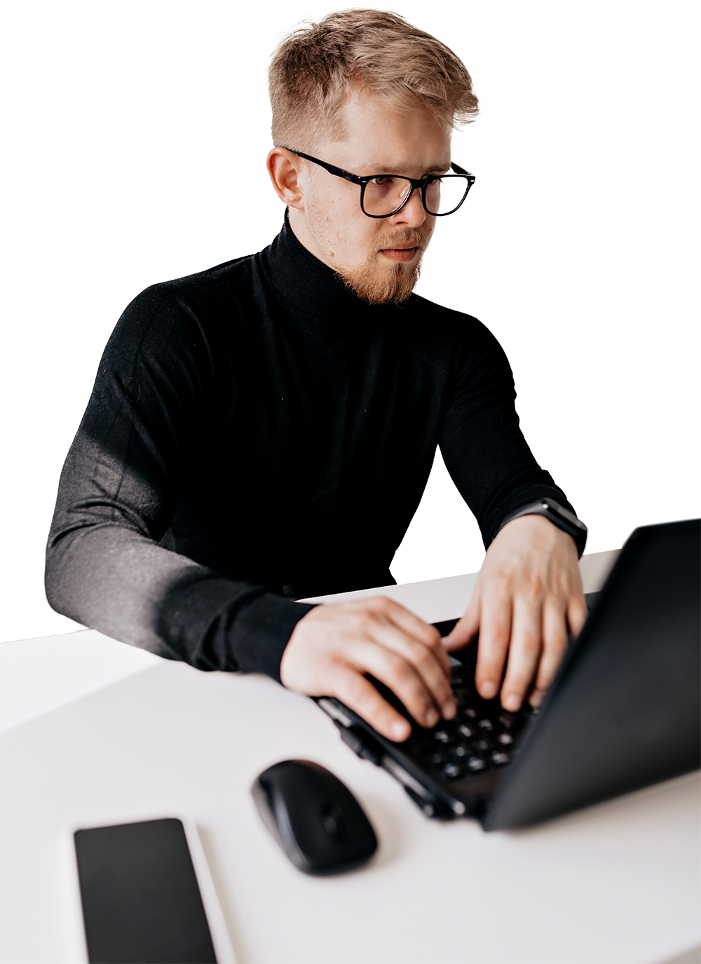 indoor-portrait-european-young-man-wearing-black-pullover-spectacles-working-with-laptop-light-office-sunny-day